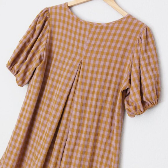 Reminiscence Gingham Plaid Seersucker Puff Short Sleeves Flared Dress Mini Tan - Picture 5 of 13
